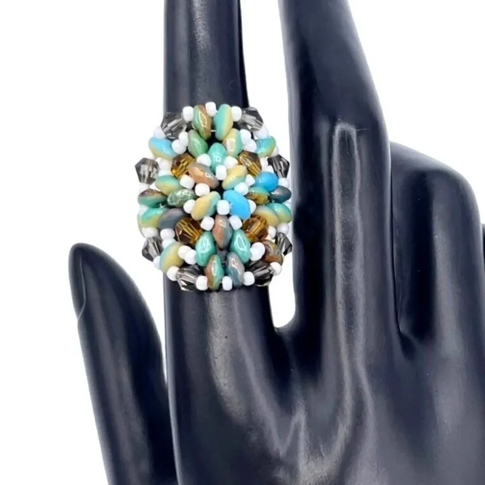 Multi Blue and Cream with White and Gray Crystal Beaded Statement Ring Size 7.5